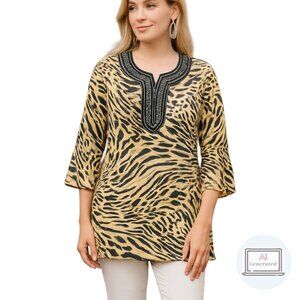 Saint Tropez West Womens Top Linen Blend Animal Print 3/4 Sleeve Notched Neck S